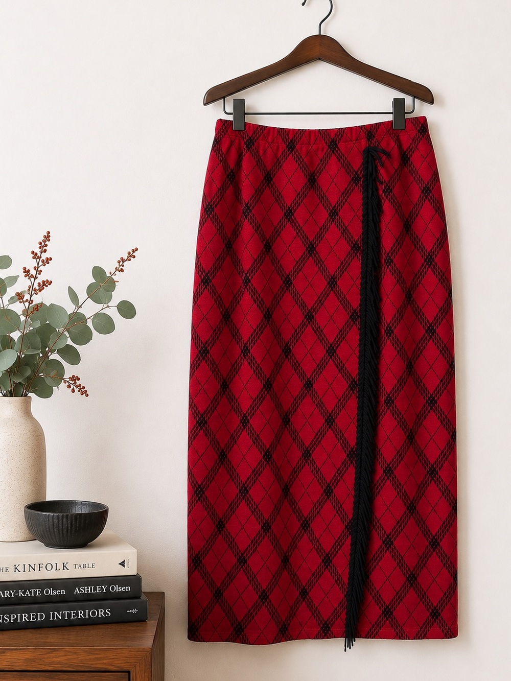 Vintage 90s Red Black Argyle Knit Faux Wrap Fringe Column Skirt 2X